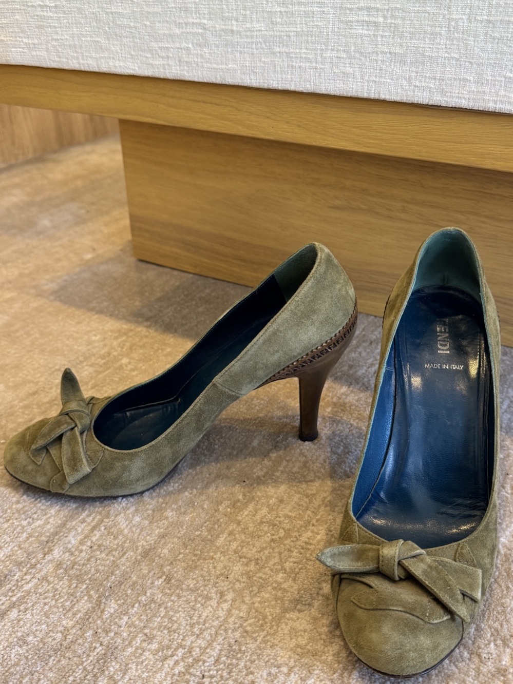 Fendi Suede Bow Heels in Green & Wood Brown US 38.5